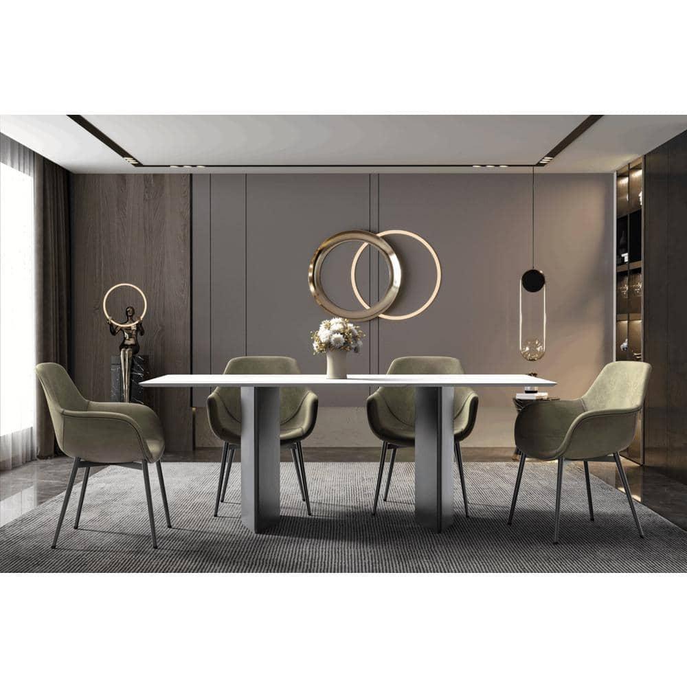 LeisureMod Lior Modern Dining Table Rectangular Kitchen Table Furniture with Sintered Ston Tabletop in Black Steel for Kitchen and Dining Room in White Gold