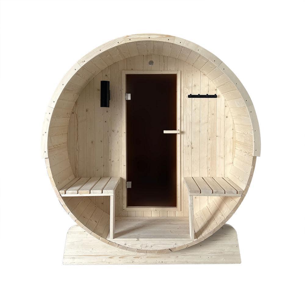 ALEKO Outdoor or Indoor White Finland Pine Wet Dry Barrel Sauna - Front Porch Canopy - 8 kW UL Certified KIP Harvia Heater -6-8 Person