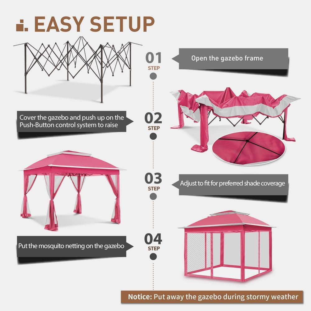 Pink Steel Portable Pop-Up Gazebo with Mosquito Netting 11 ft. x 11 ft. . .