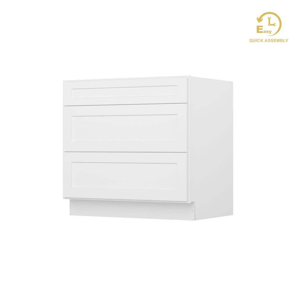 HOMLUX Easy-DIY 36 in W x 24 in D x 34.5 in H in Shaker White Ready to Assemble Drawer Base Kitchen Cabinet With 3-Drawers