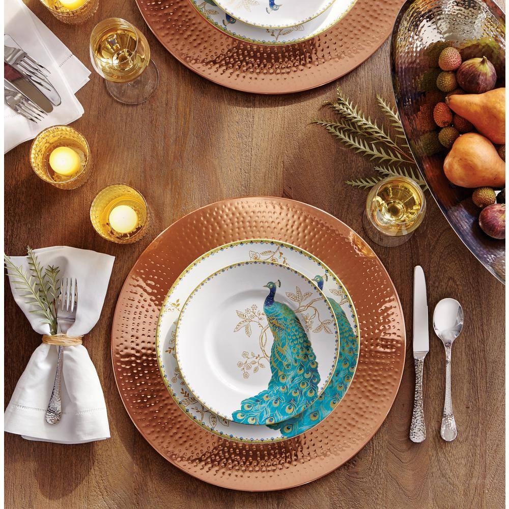 222 Fifth Peacock Garden Porcelain 16pc Dinnerware Set White: Round Dish Set, Service for 4, Bird Pattern, Dishwasher-Safe