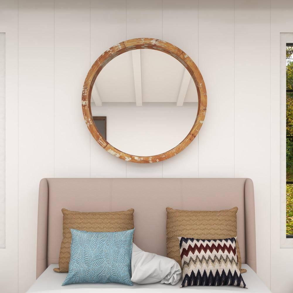 Olivia & May Vintage Wall Mirror Brown: Round Wood Frame, No Assembly, Spot Clean, 39.5" Diameter