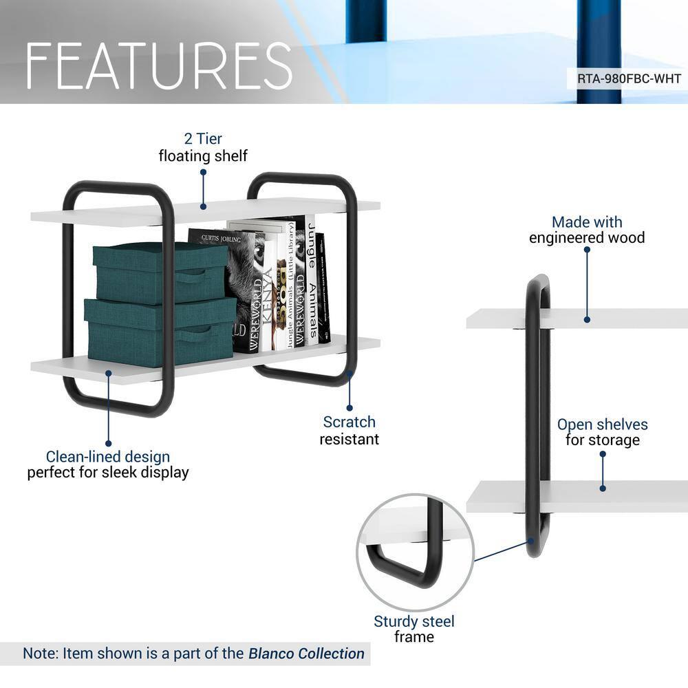 Modern Floating Wall Shelves White - Techni Mobili: 2-Tier, Steel Frame, Decorative Storage