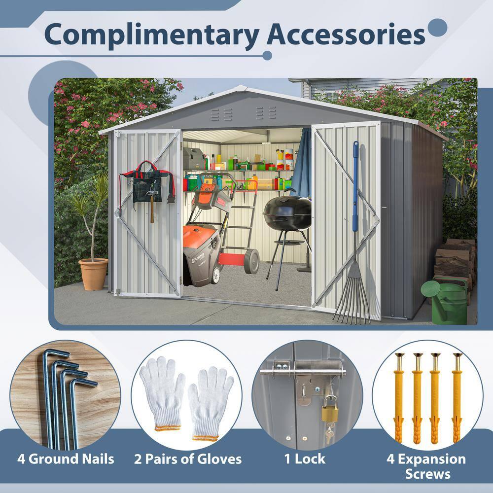10X8 FT Outdoor Storage Shed, Metal Tool Shed & Outdoor Storage with Lockable Door and Vents Ideal for Bicycles, Tools, Lawnmowers, Backyards, Patios, Lawns