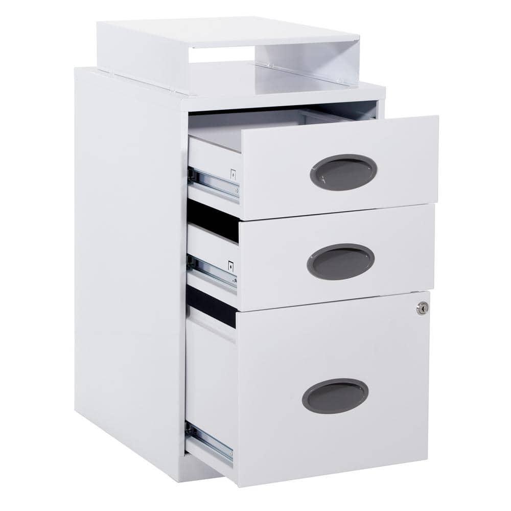 3 Drawer Locking Metal File Cabinet w/ Top Shelf in White