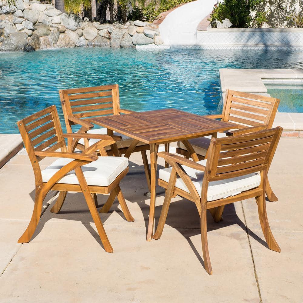 Hermosa 5pc Acacia Wood Patio Dining Set with Cushions - Teak Finish - Christopher Knight Home: Outdoor Furniture, 4 Arm Chairs & Square Table