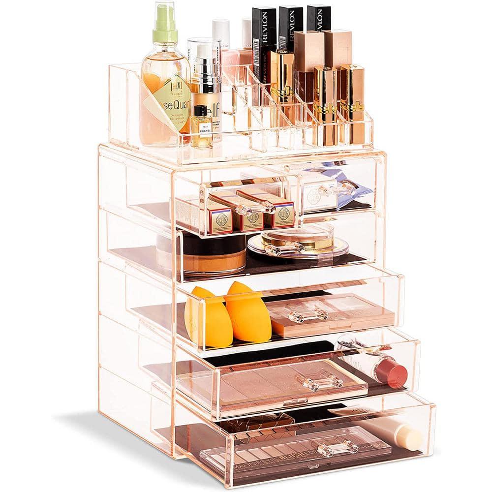 Sorbus 2 Piece Acrylic Makeup and Jewelry Storage Organizer Case (6 Drawers and Lipstick Tray) - Pink