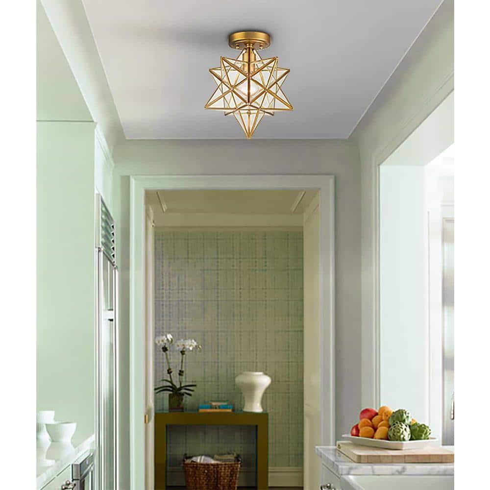 Everly Quinn 12" Moravian Star Metal/Clear Glass LED Flush Mount, Gold/Clear