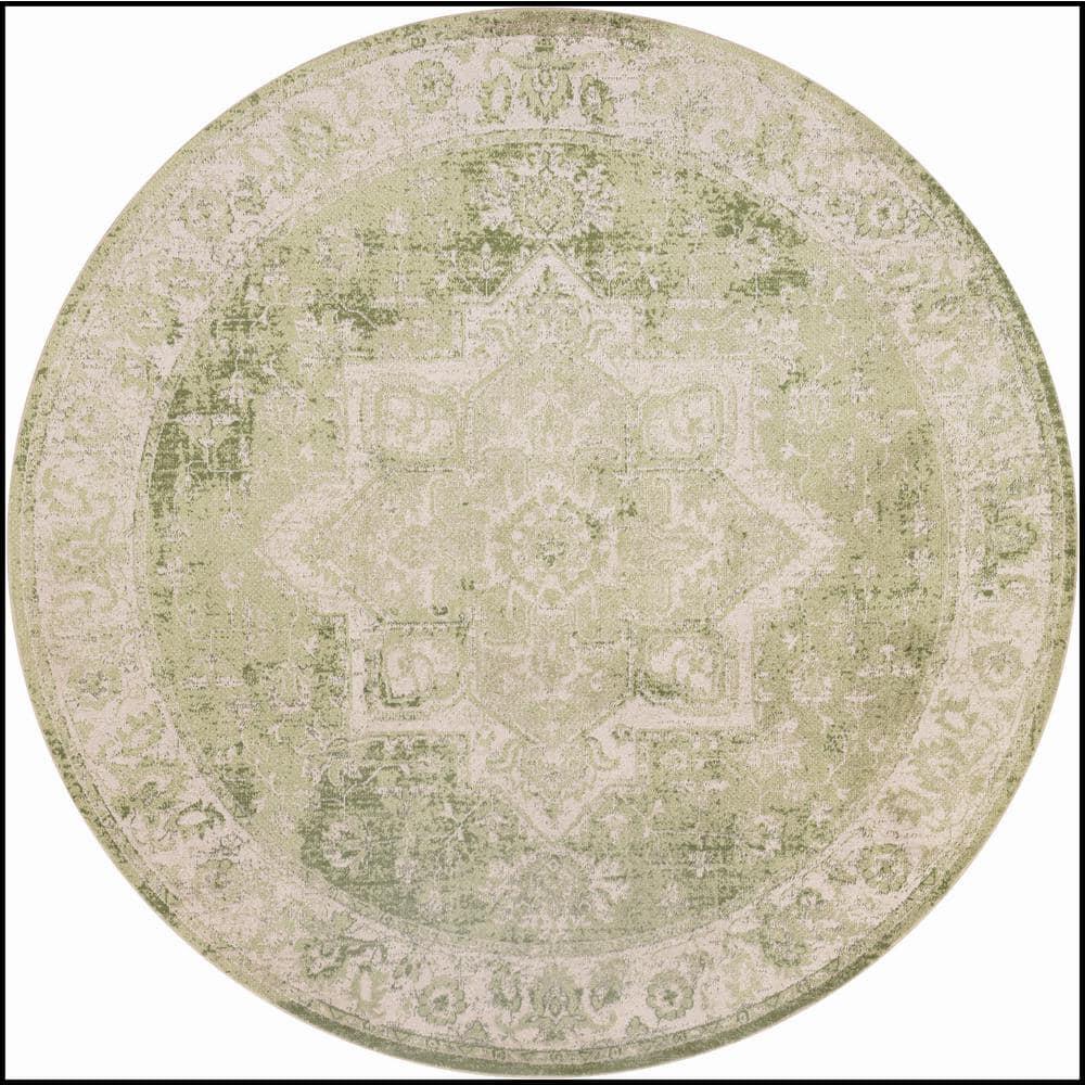 Nourison Washable Astra Vintage Medallion Indoor Flatweave Area Rug Ivory Green 5'3" x Round