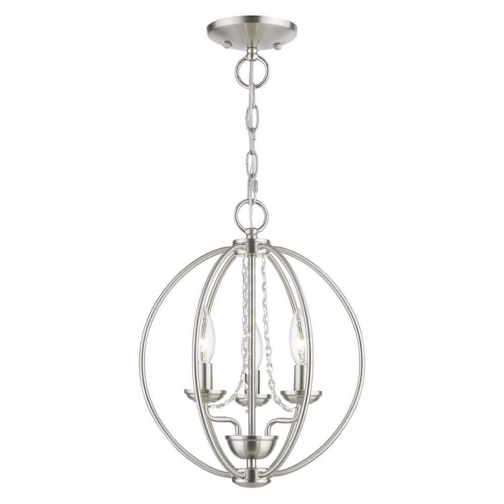 Delridge 12 in.  3-Light Brushed Nickel Globe Convertible Chandelier/Semi Flush with Clear Crystals