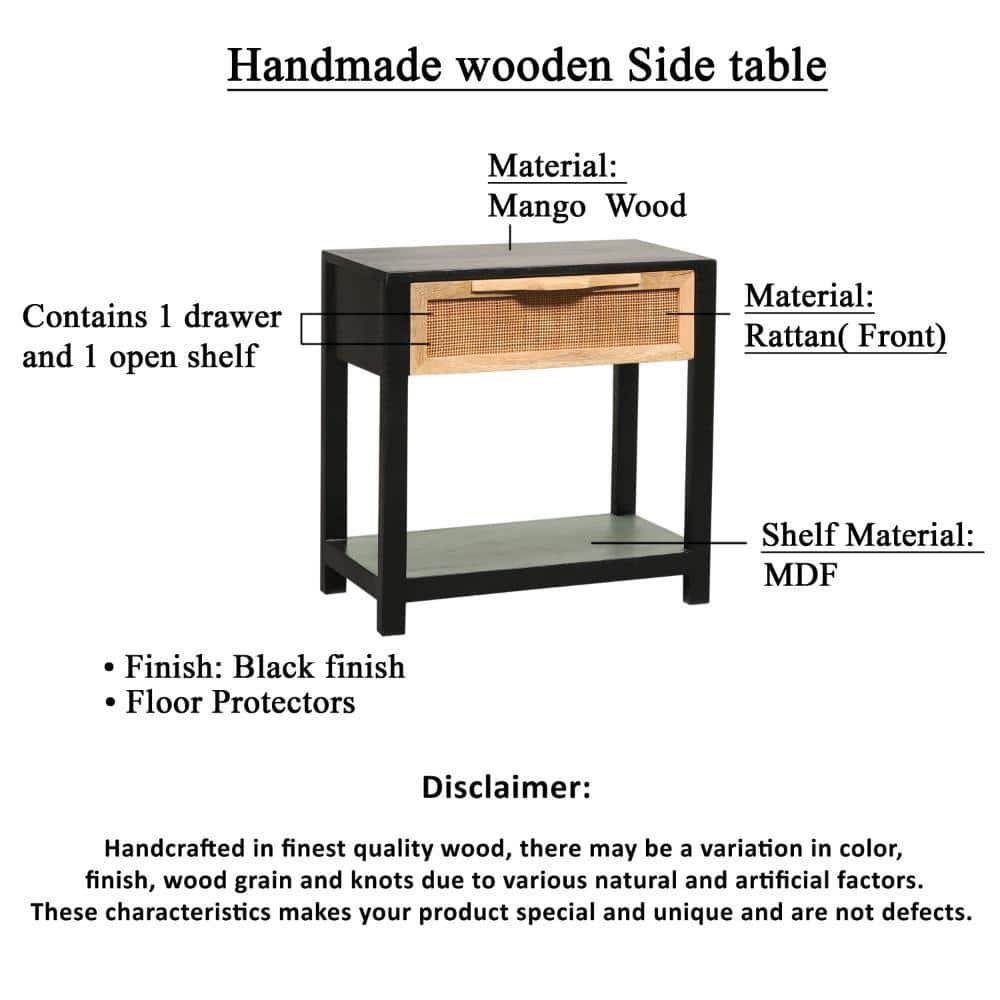Benzara 22" Side Table with Rattan Front Drawer and Open Shelf Mango Wood Frame Black/Brown