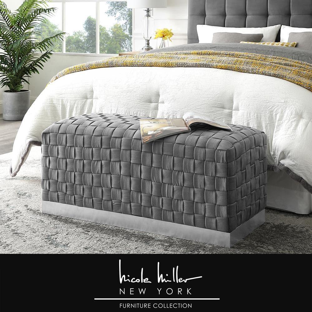 Boe Grey/Chrome Velvet Bench - Intricate Woven Pattern, Chrome Stainless Steel Base