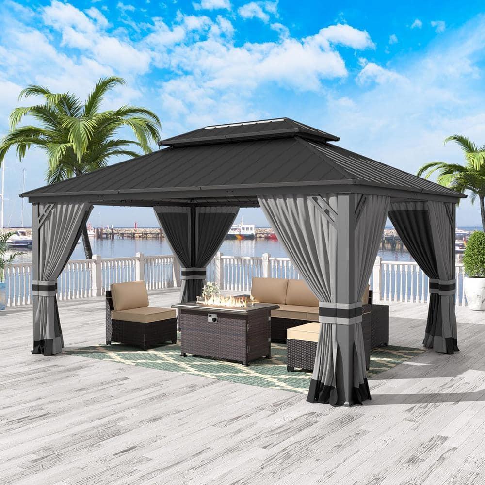Kozyard Kozyard Alexander Gray Double Roof Hardtop Gazebo with Privacy Curtain Mosquito Netting