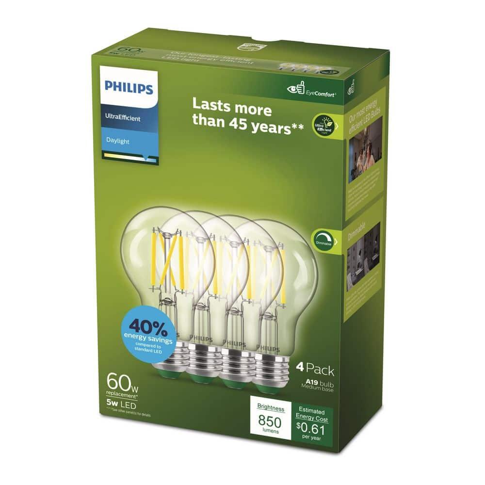 Philips Ultra Efficient LED 60-Watt A19 Light Bulb, Daylight, Clear, Dimmable, E26 Base (4-Pack)