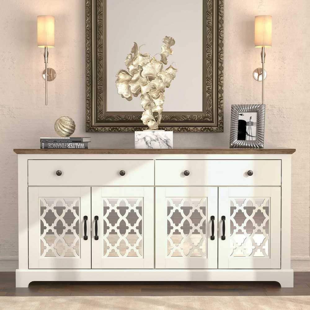 Galano Heron Ivory and Knotty Oak Wood 59.1in. 4 Door Wide Sideboard with Adjustable Shelves and Drawers Galano