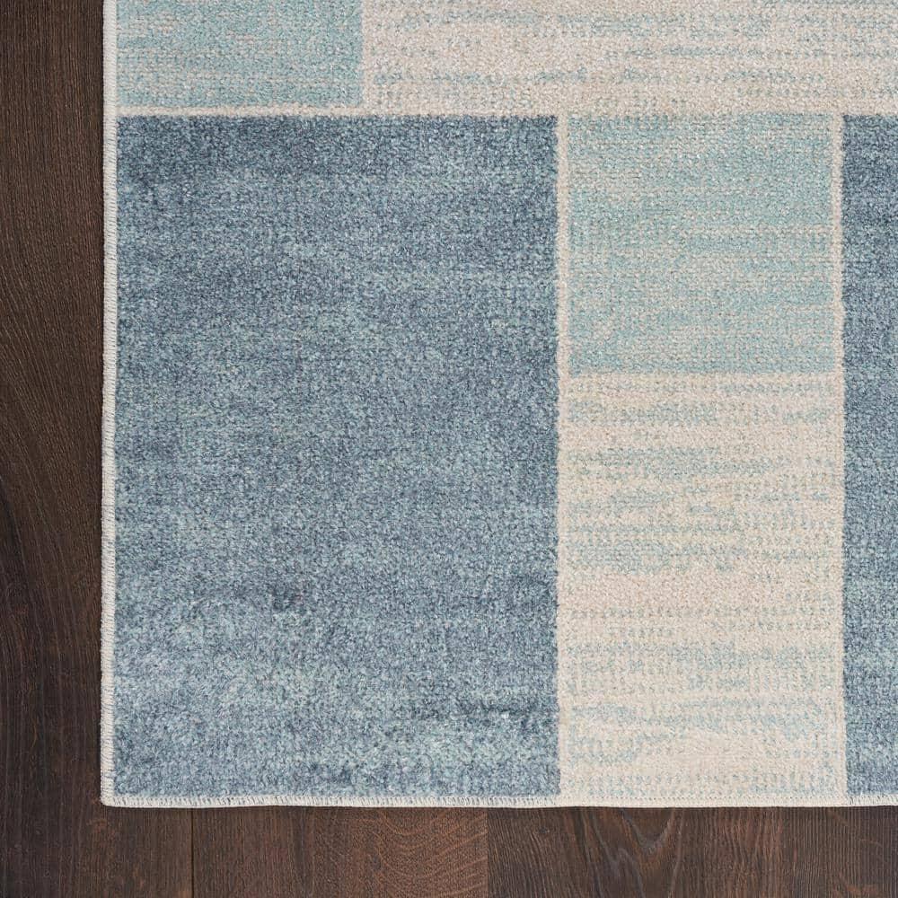 Nourison Astra Machine Washable Contemporary Color Block Indoor Rug Blue Ivory 2'2" x 10'