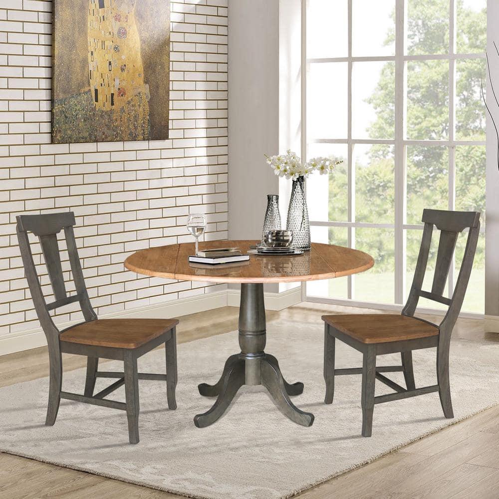 42" Mason Round Dual Drop Leaf Extendable Dining Table Hickory/Washed Coal - International Concepts: Solid Parawood, Pedestal Base
