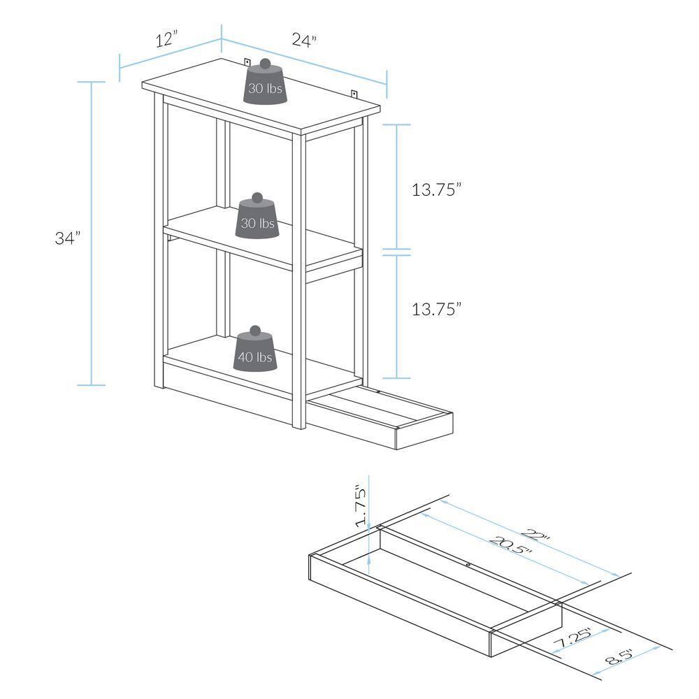 Casual Home Adams 3-Shelf Bookcase with Concealed Sliding Track, Concealment Furniture-Color:White