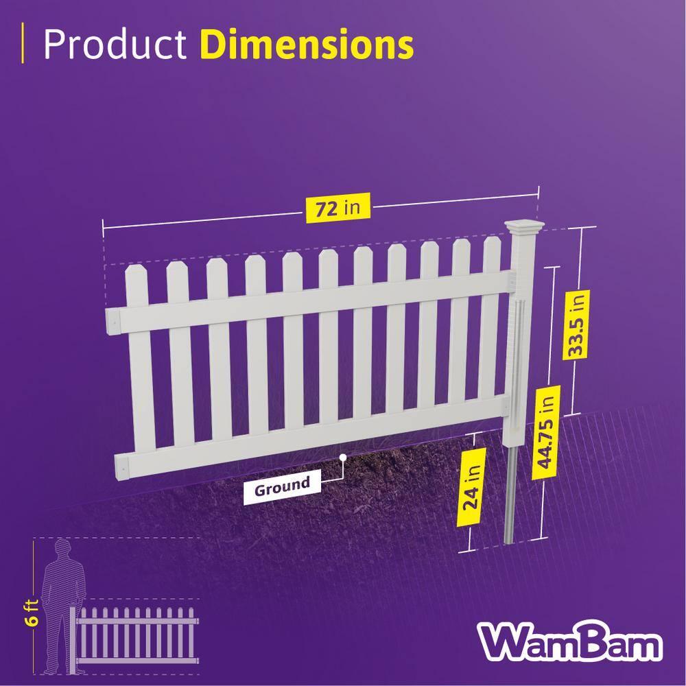 WamBam No-Dig Fence 3ft H x 6ft W (1 Panel + 1 Post) No Dig WamBam Newport Fence Kit, White Vinyl Picket Fence, Easy Install Outdoor Fence for Backyard or Patio, DIY Decorative Fencing, ZP19002