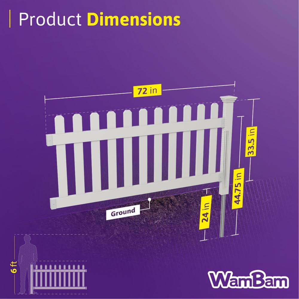 WamBam No-Dig Fence 3ft H x 6ft W (1 Panel + 1 Post) No Dig WamBam Newport Fence Kit, White Vinyl Picket Fence, Easy Install Outdoor Fence for Backyard or Patio, DIY Decorative Fencing, ZP19002