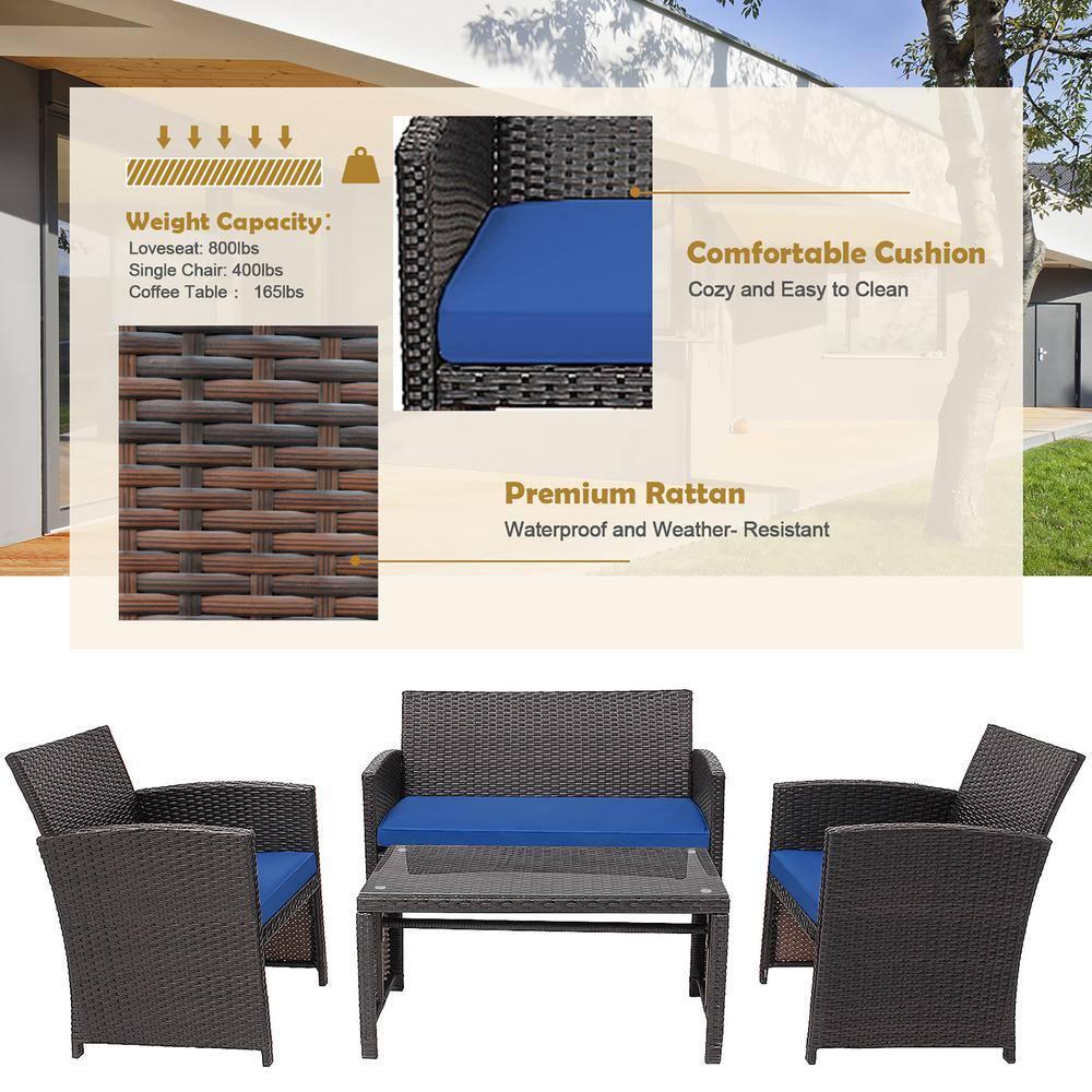 Resenkos 4 Pieces Outdoor Rattan Furniture Set, Wicker Furniture Sets, Patio Conversation Sets with Coffee Table Cushioned Sofa-Red