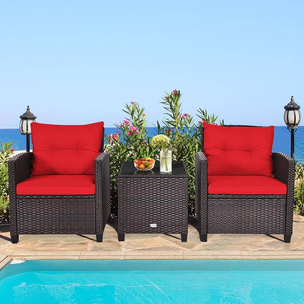 Tangkula 3PCS Wicker Cushioned Conversation Set Outdoor Rattan Furniture w/Red Cushions