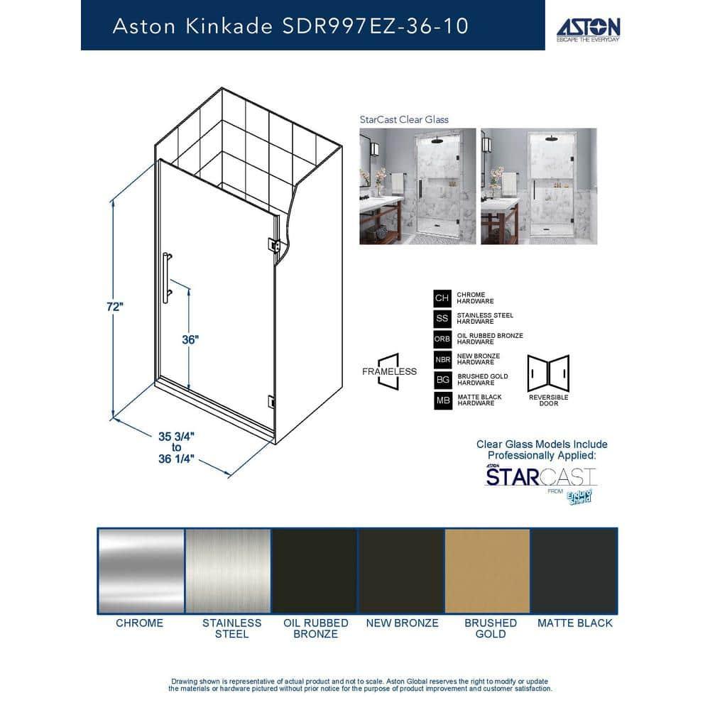 Kinkade 35.75" - 36.25" W x 72" H Hinged Frameless Shower Door