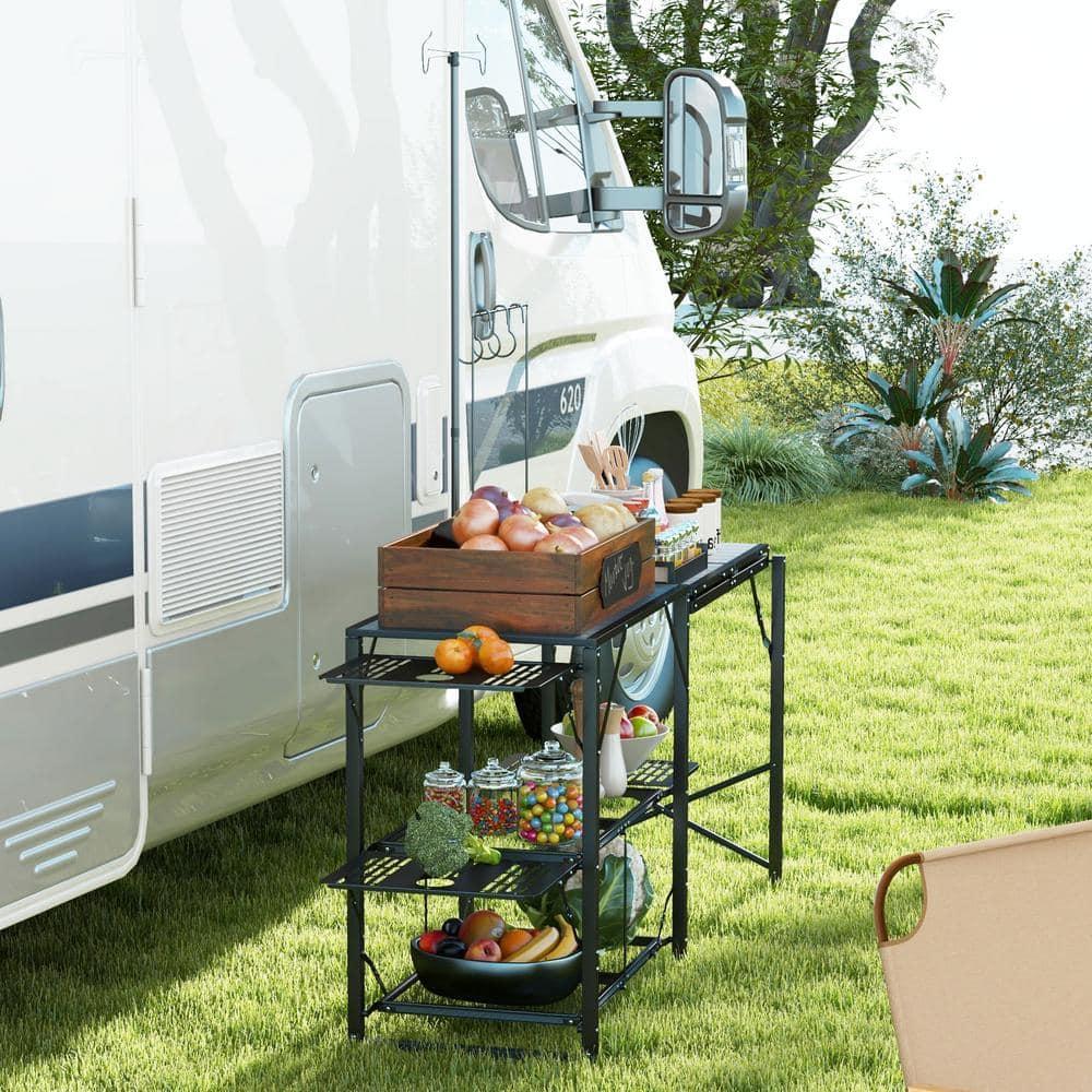 Outsunny Folding Camp Kitchen, Camping Table Cooking Station with Adjustable Lamp Stand