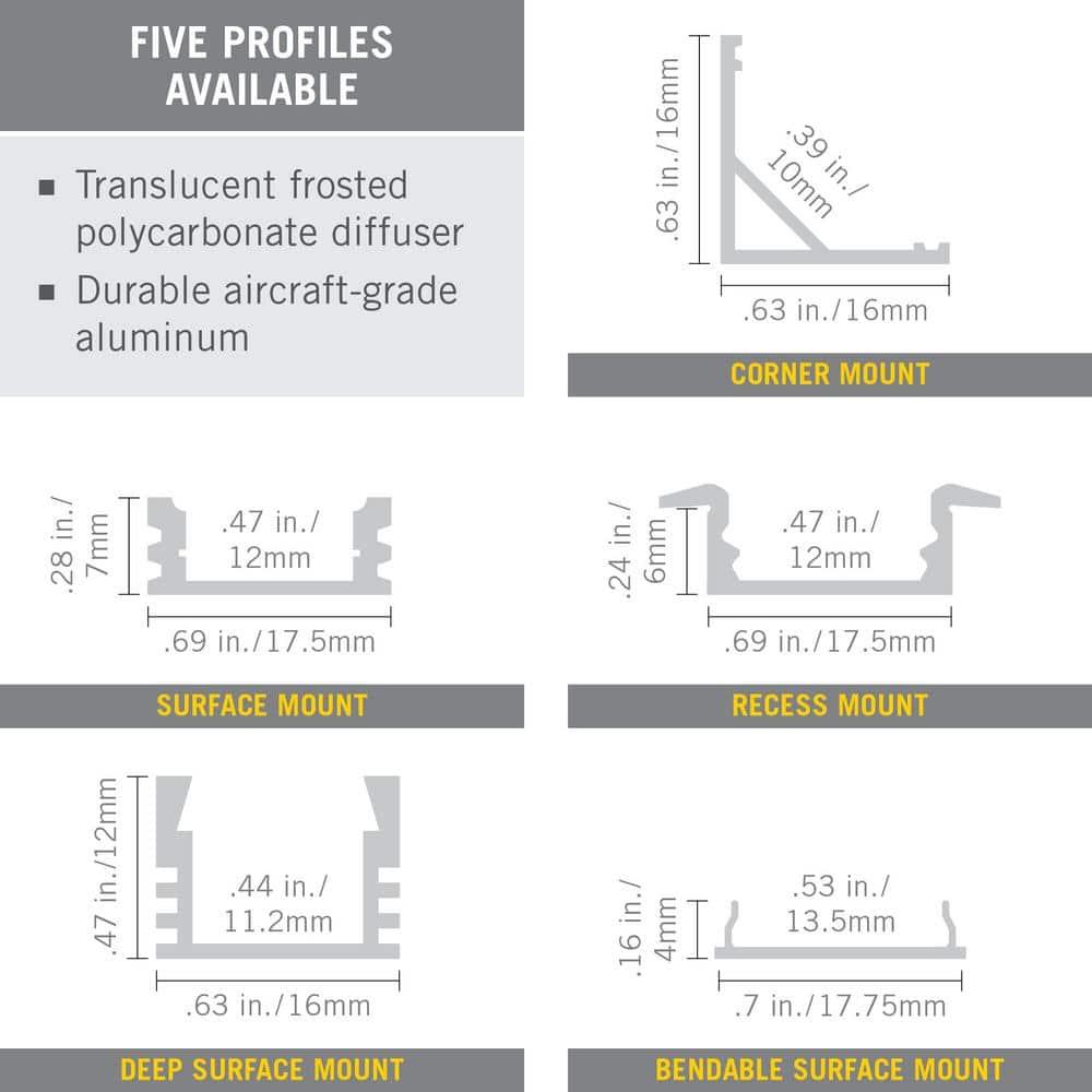 Silver Recess Mount LED Tape Light Channel with Frosted Cover