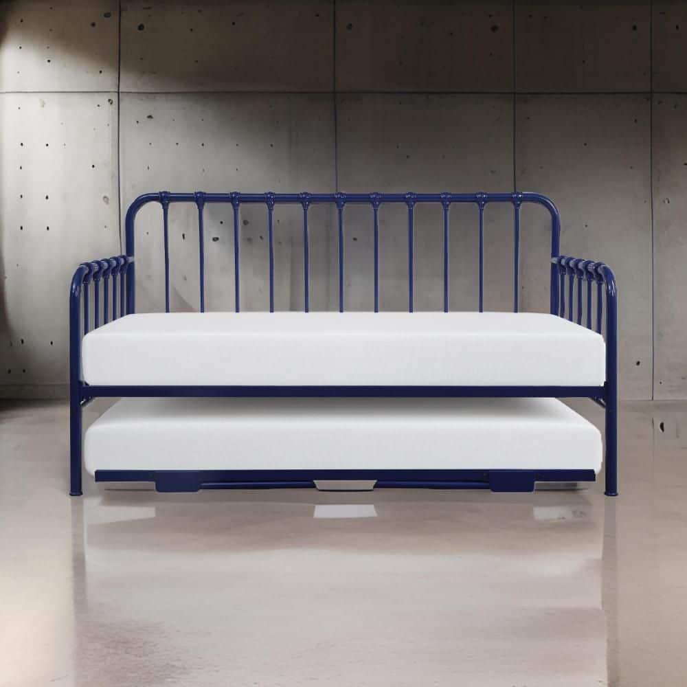 Benjara Ziva Daybed with Lift Up Trundle, Navy Blue Metal Frame, Folding Legs