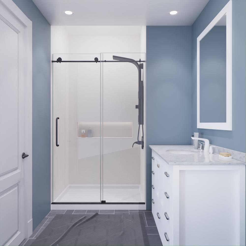 Madam Series 48 In. By 76 In. Frameless Sliding Shower Door In Gunmetal With Clear Tempered Glass And Tsunami Guard