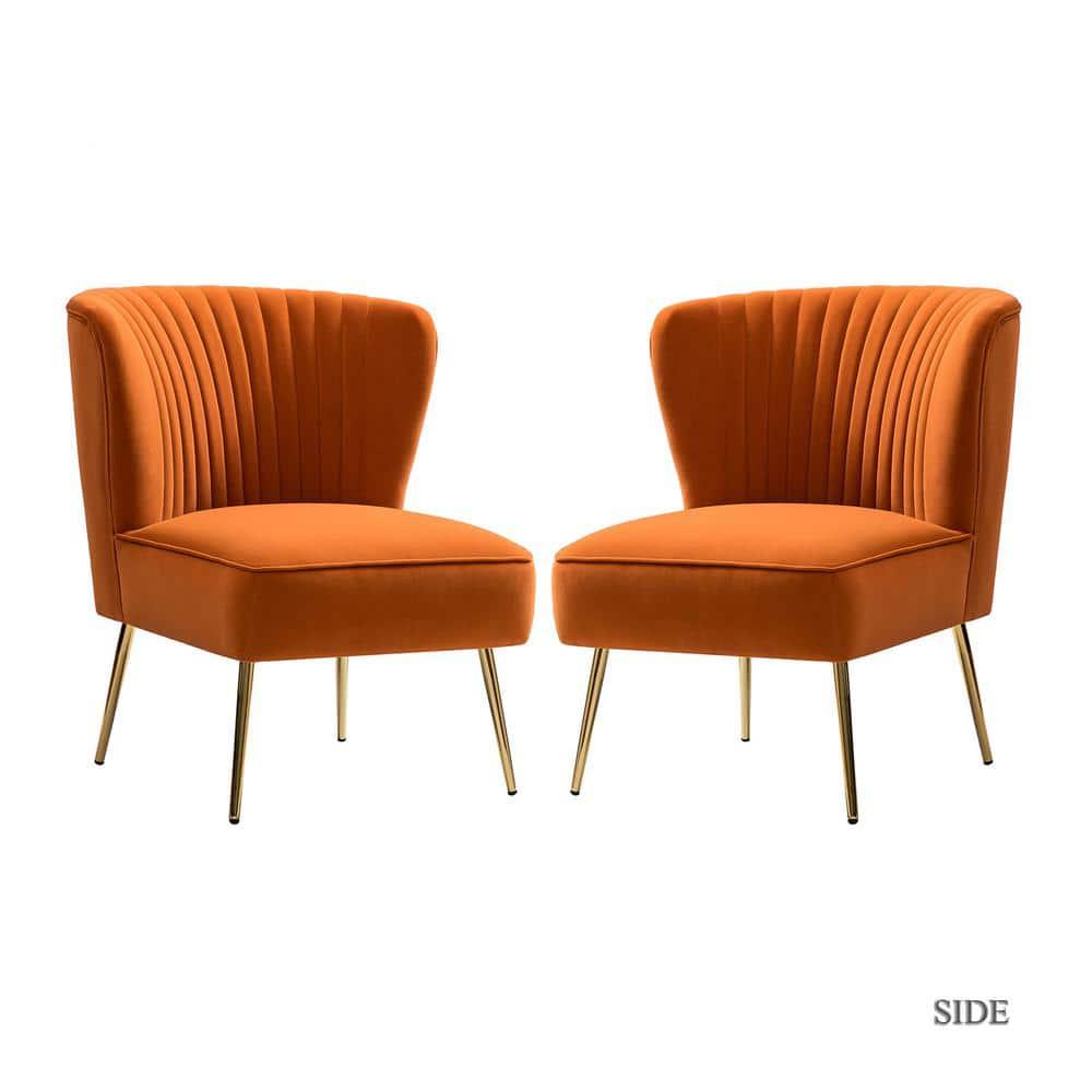 Velvet Accent Side Chair Set of 2 Transitional Armless Gold Leg Vanity Living Room Adult Orange