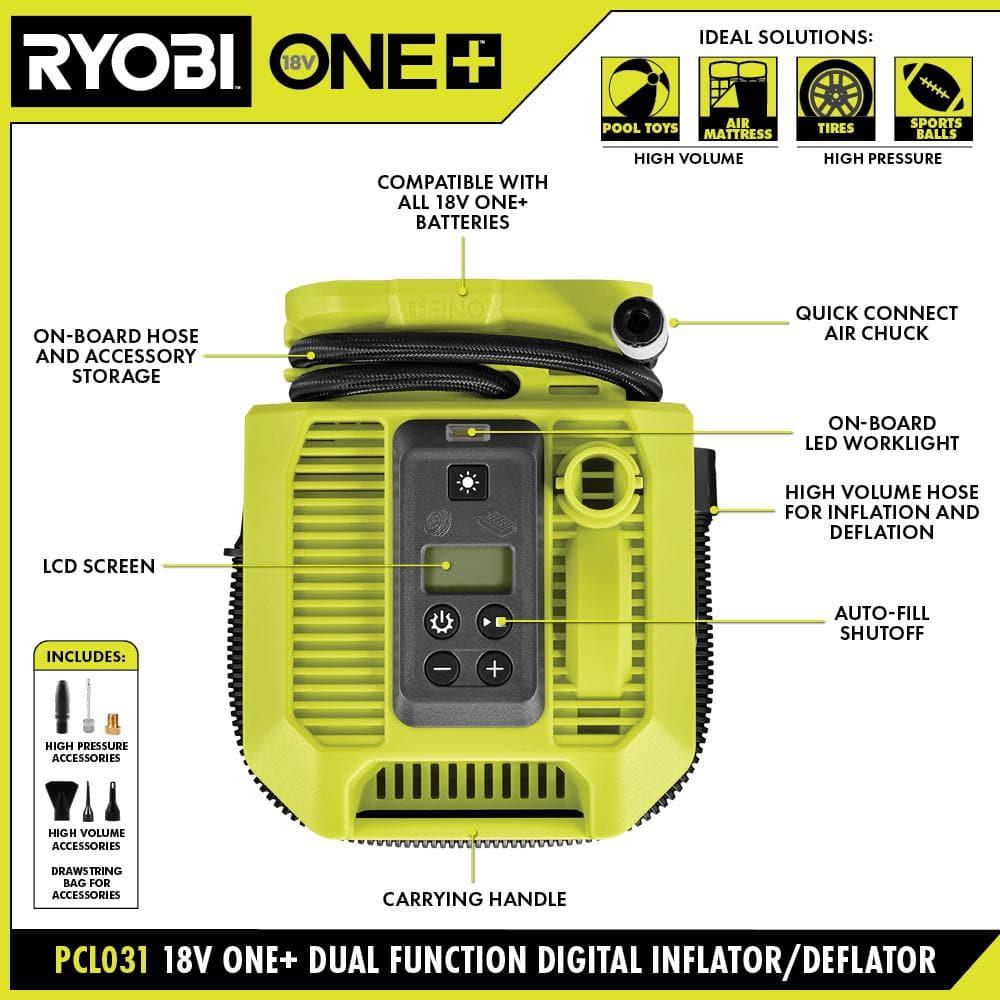 Ryobi 18V ONE+ DUAL FUNCTION DIGITAL Inflator/Deflator, PCL031B