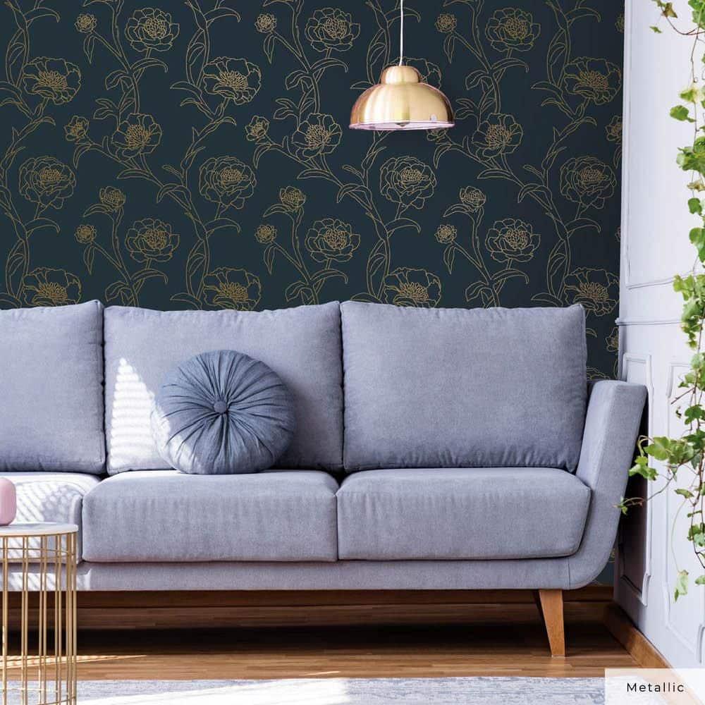 Tempaper & Co.® Peonies Removable Peel and Stick Wallpaper, Peacock Blue and Metallic Gold Floral, 28 sq. ft.: Vinyl Self-Adhesive