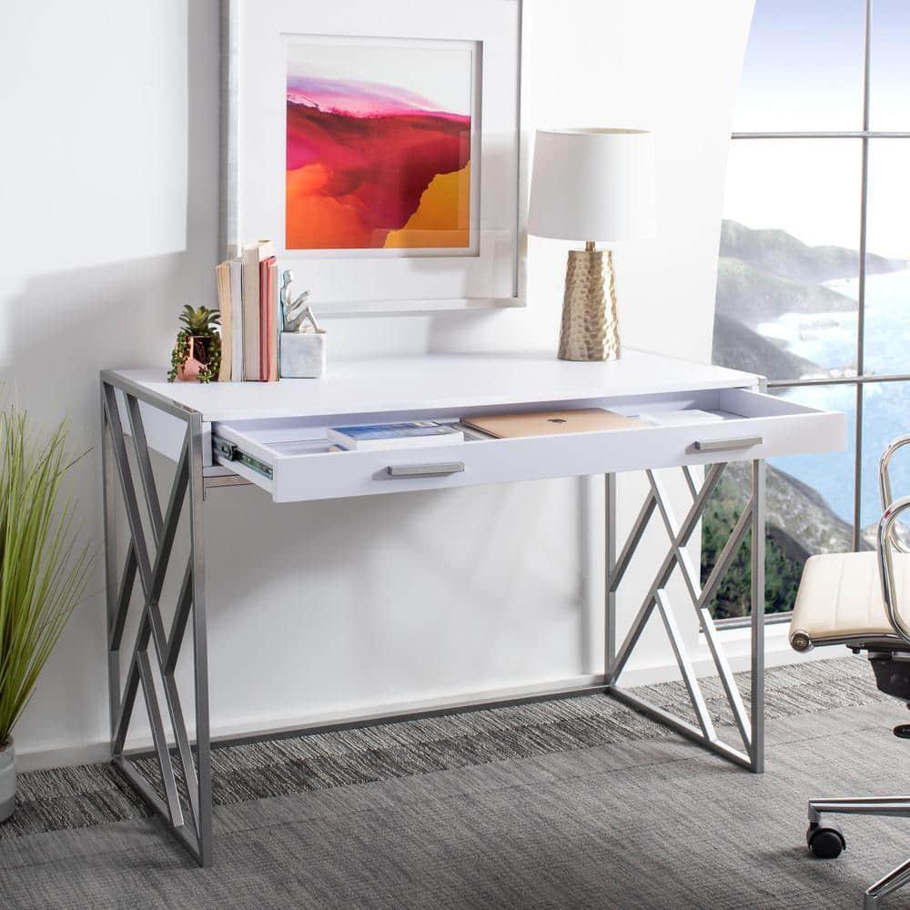 Elaine 1 Drawer Desk - White/Silver - Safavieh