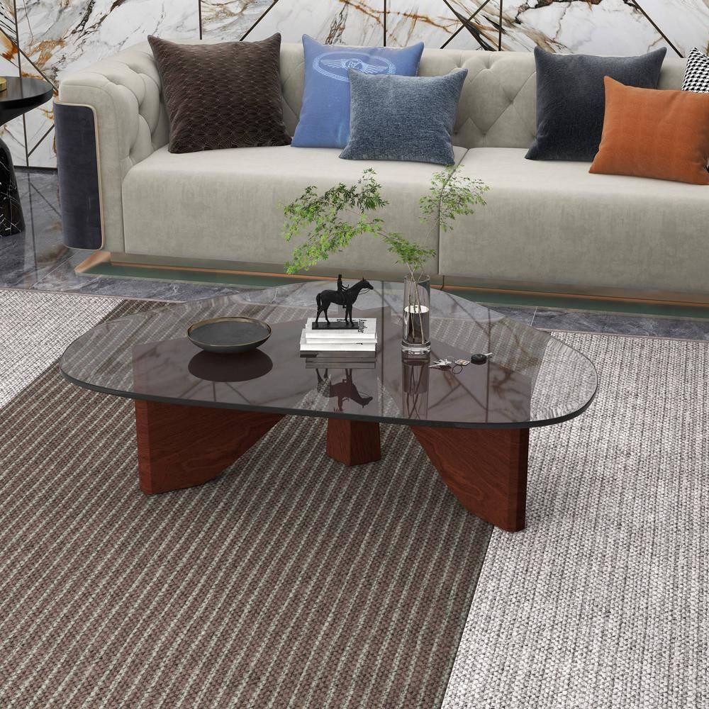 LeisureMod Imperial Collection Triangular Glass Top Coffee Table with Glossy Ash Wood Base for Home, Living Room, Office
