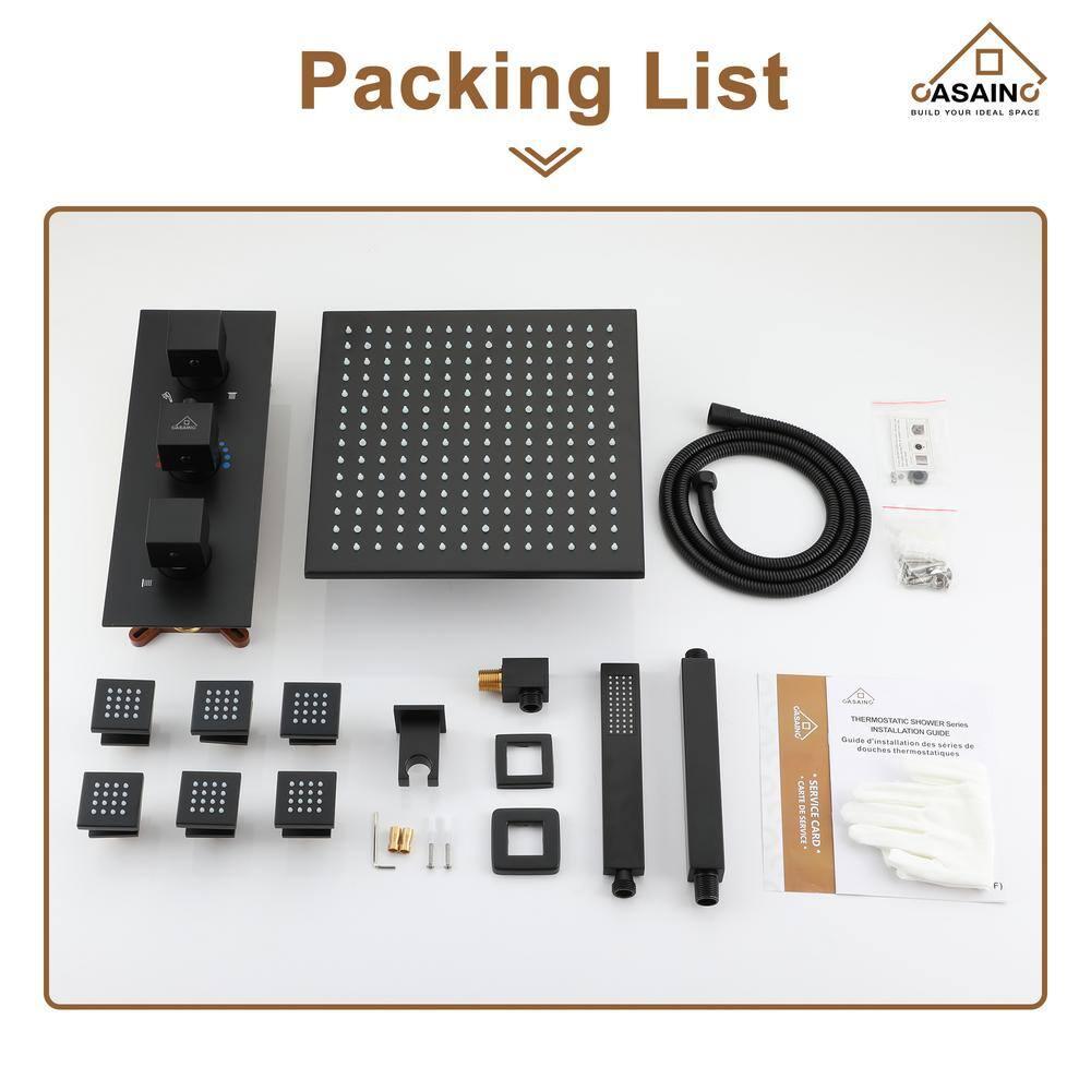 3-Function Luxury Ceiling Mount 12 Inch LED Thermostatic Shower System with 6 Body Jets