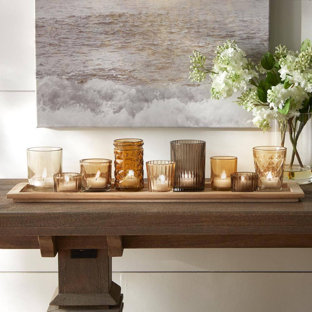 Wood Tray with 9 Glass Votive Holders - Storied Home