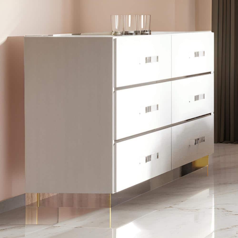 White and Chrome 60" Modern Wide 6-Drawer Dresser
