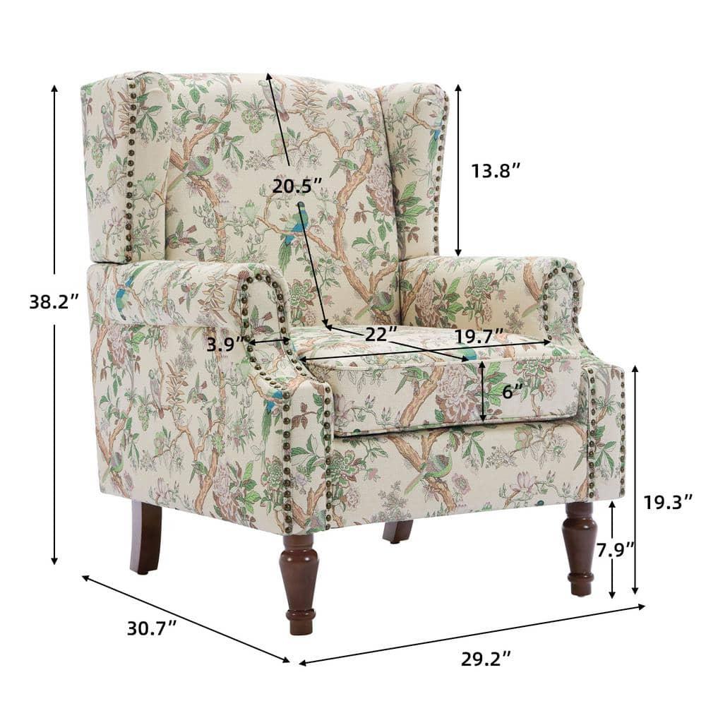 Bird Pattern Linen Upholstered High Back Accent Arm Chair with Nailhead Trim(Set of 2)