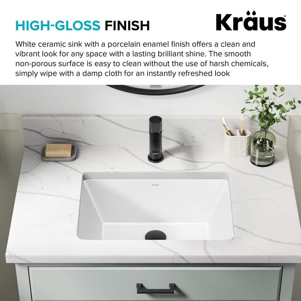 KRAUS Elavo. Rectangular Porcelain Ceramic Undermount Bathroom Sink In White With Overflow Drain, KCU-244