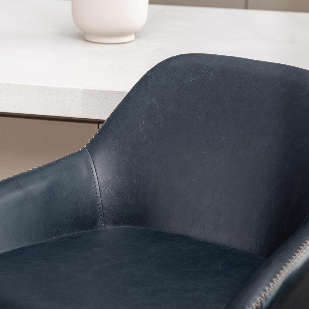 Glitzhome  42"H Mid-Century Adjustable Faux Leather Swivel Bar Stools Low Back Navy Blue Set of 2 Foam, Steel Faux Leather, Foam Footrest, Padded