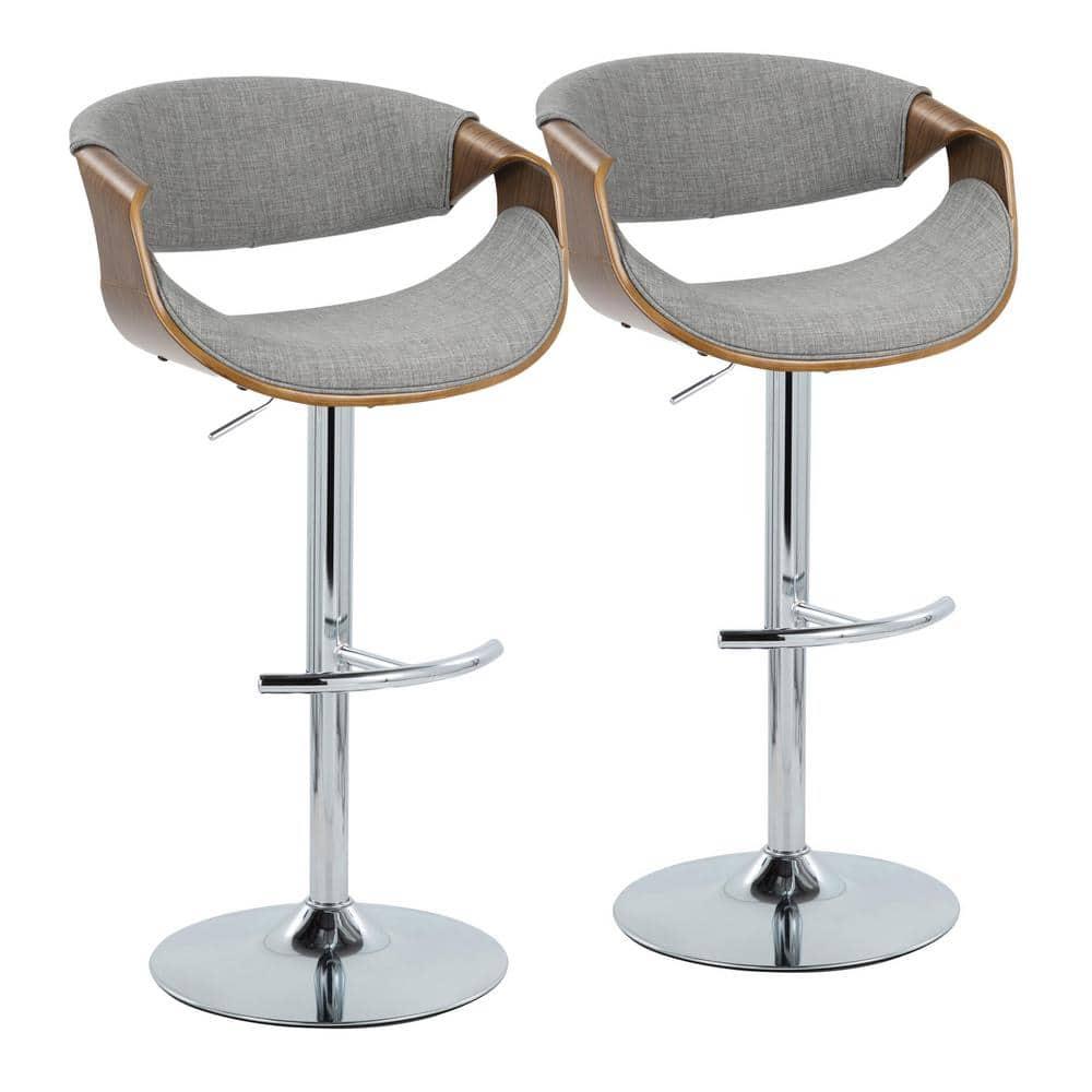Set of 2 Curvo Adjustable Barstools Walnut/Light Gray - LumiSource: Mid-Century Modern, Swivel, Footrest, Foam Filled