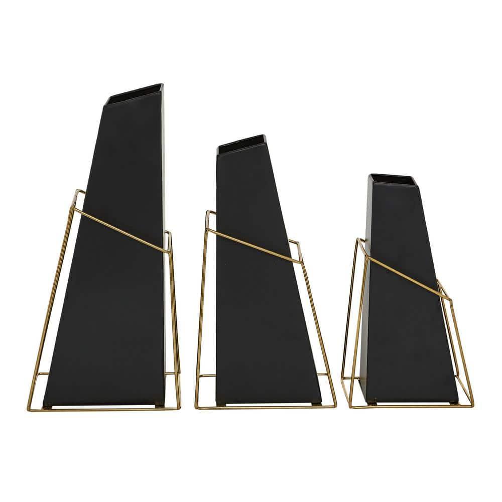 DecMode 10", 12", 14"H Black Metal Vase with Gold Wire Accents, Set of 3