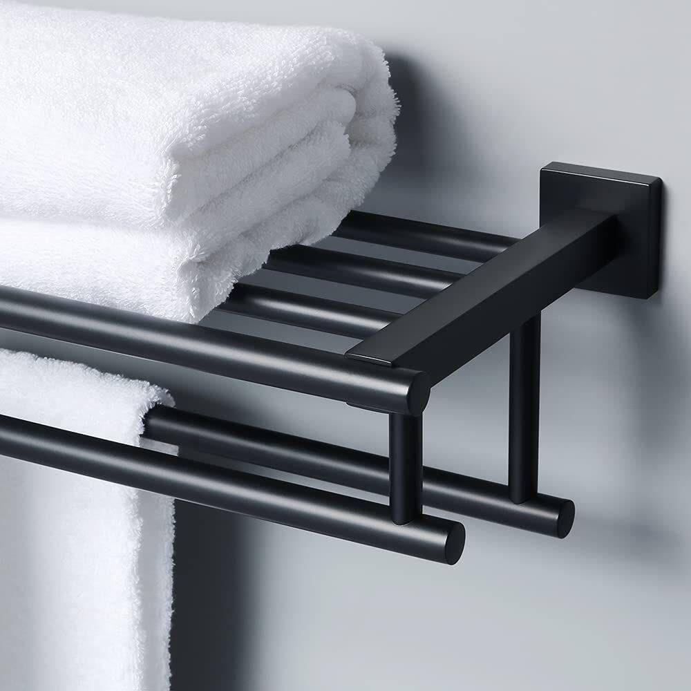 24 Inch Towel Racks for Bathroom, 2 Tire Bathroom Shelf with Towel Bar, Rustproof Wall Mounted Towel Rack SUS304 Stainless Steel, Bathroom Accessories Lavatory Towel Storage - Black