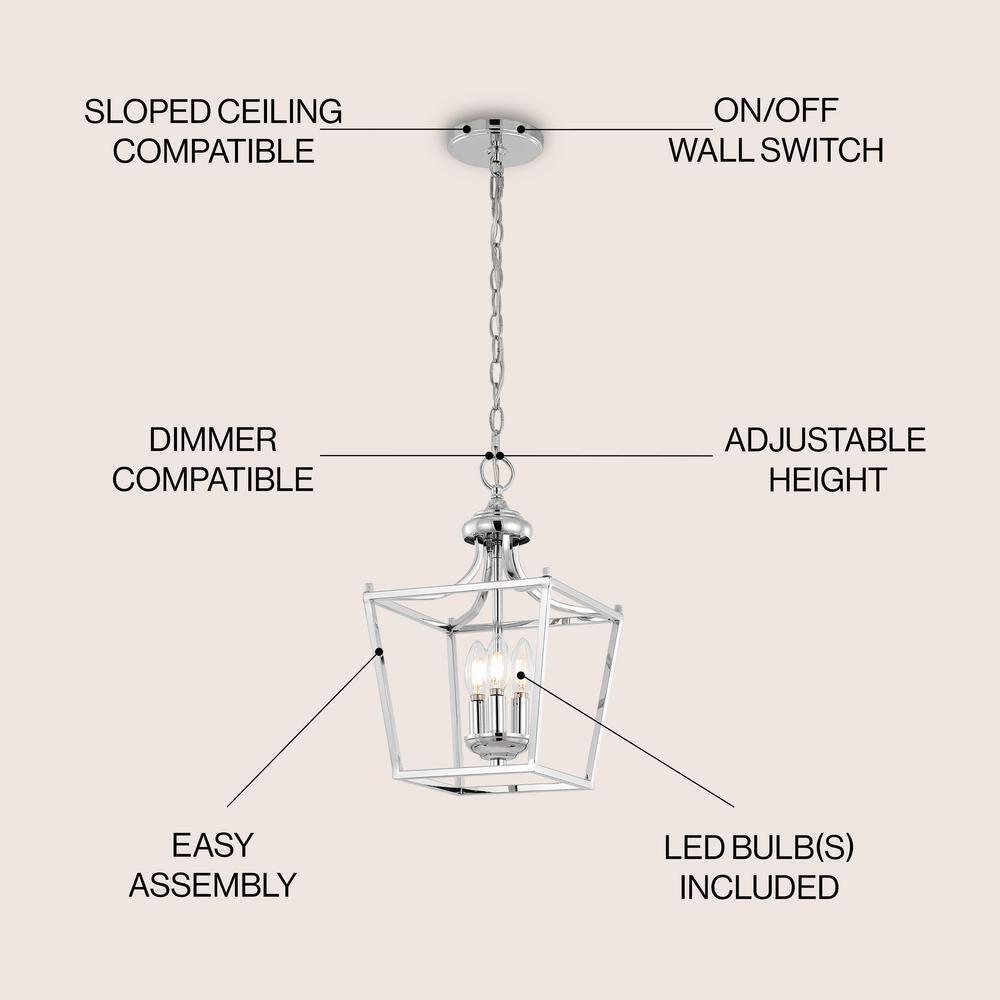 Camden 10" 3-Light Iron Classic Midcentury Pendant Lantern, Chrome