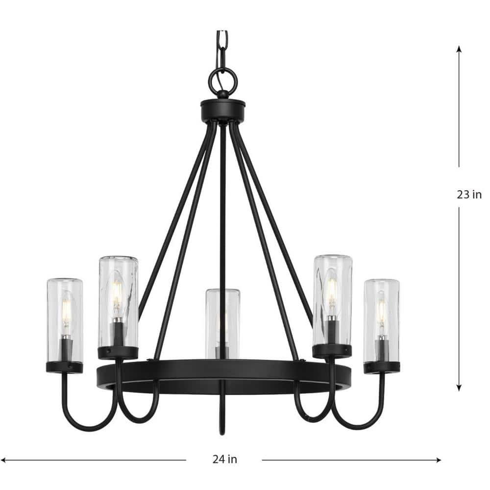 Progress Lighting Swansea 5-Light Outdoor Living Round Chandelier, Matte Black, Clear Glass