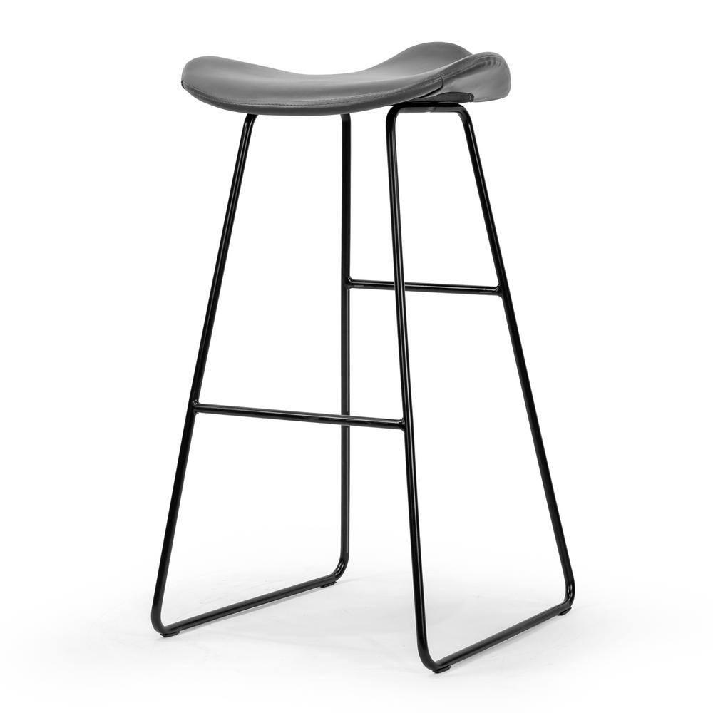 Glamour Home Set of 2 Aoi Grey Faux Leather Backless Barstool with Black Metal Legs