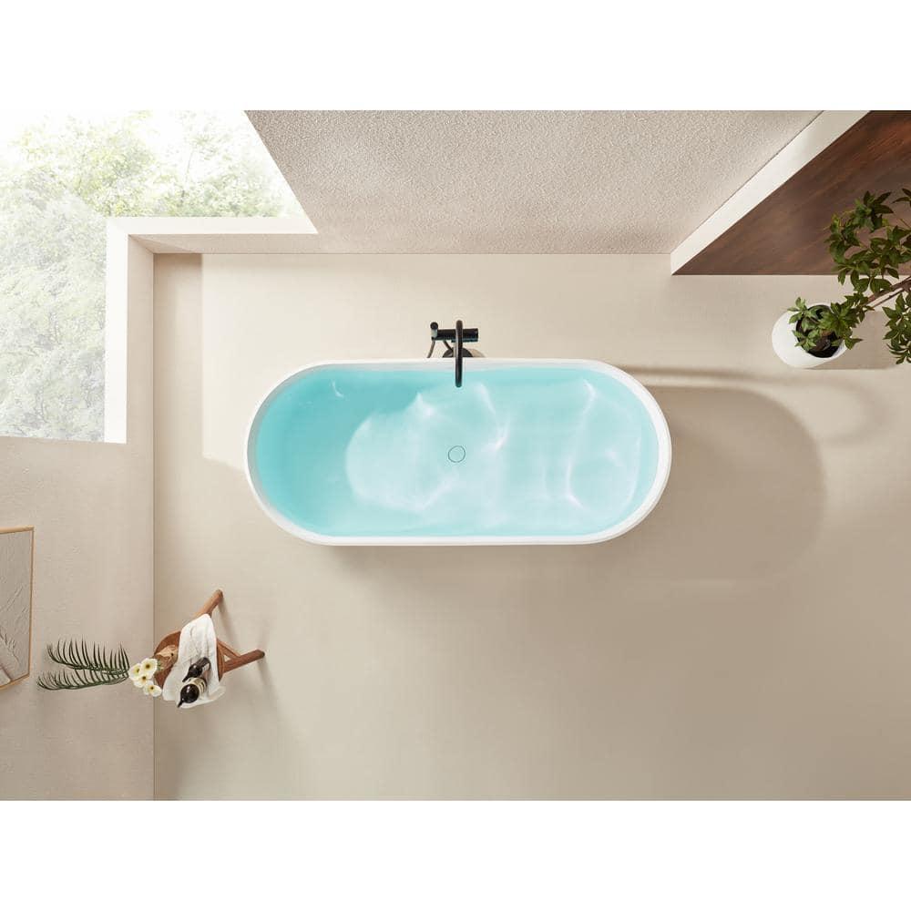 59" x 29.5" Freestanding Soaking Stone Resin Bathtub with Pure White Overflow and Pop Up Drain