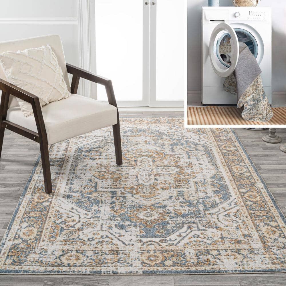 JONATHAN Y Keesha Bold Distressed Medallion Low-Pile Machine-Washable Blue/Cream 5 ft. x 8 ft. Area Rug